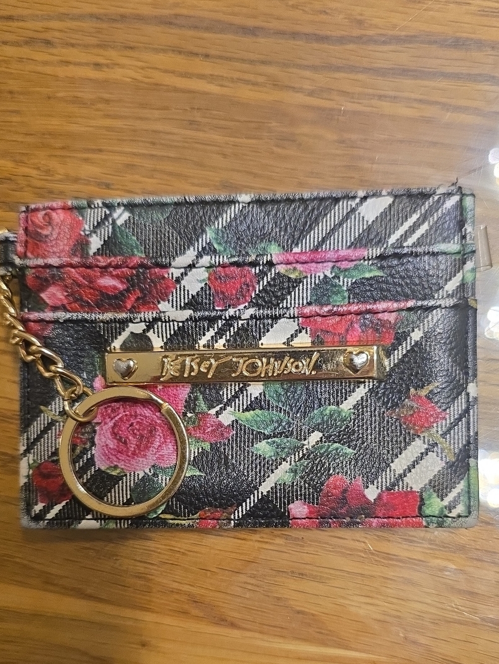 Betsey Johnson Black Plaid Floral Card & Key Holder with Gold Hardware